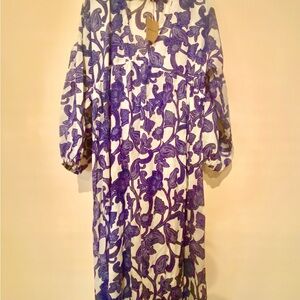 Boden blue white Maxi dress with sleeves size 14